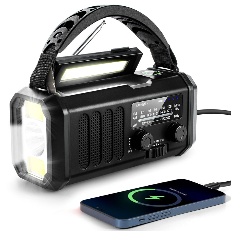 10000mAh Crank Radio, Emergency Radio,NOAA/AM/FM Weather Radio, Type-C Charge,Solar Charging,SOS, 3 Modes LED Torch, Reading Lamp, Compass for Outdoor Survival(Black) Black