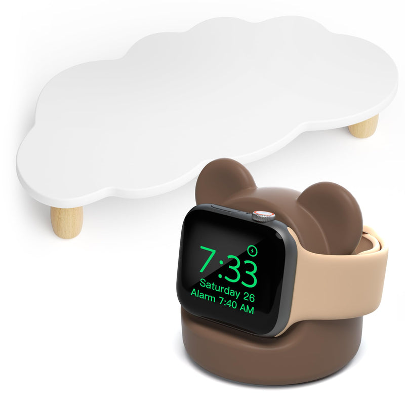 AFOOYO Monitor Stand Riser, Cloud-Shaped Sturdy Wood Computer Monitor Riser, Laptop Monitor Stand+Bear Charger Stand Silicone Dock Holder for Apple Watch Series