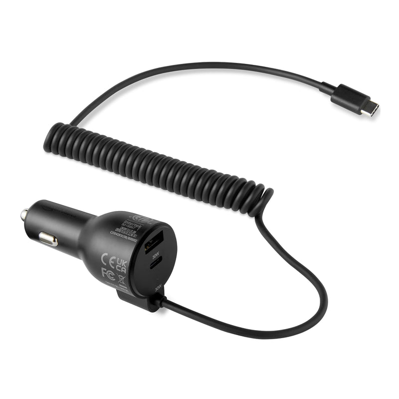 Amazon Basics Fast-Charging Car Charger, 60W, 1 USB-C Port (30W), 1 USB-A Port, 1 Built-in Coiled USB-C Cable (30W), Black USB A+USB C (with built-in coiled cable)