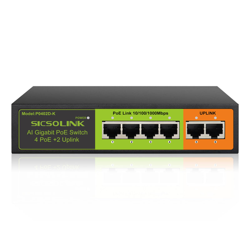 6-Port Gigabit PoE+ Switch, 4 PoE+ Ports & 2 Gigabit Uplink | 65W Total Power, 30W Per Port, IEEE 802.3af/at, Unmanaged Fanless Metal Housing Black 6 Port | 4*PoE+ (1000Mbps)