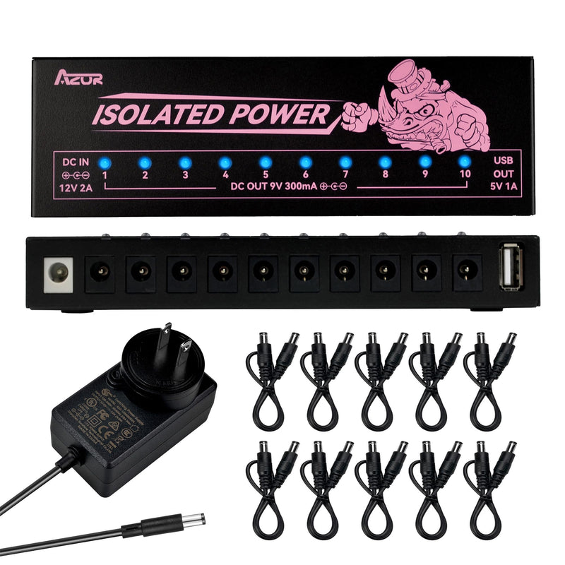 AZOR Professional 12v power supply for guitar pedals with 10 isolated Outputs - 9v power supply Compatible, Overcurrent Protection, low noise and Heat Dissipation