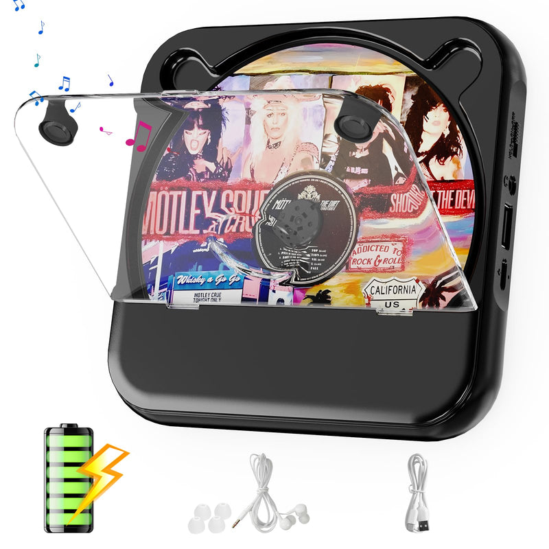 Portable CD Player with Bluetooth, Rechargeable Small CD Player, Built-in HiFi Speakers, Walkman CD Player with Headphones, LCD Screen, Support CD/AUX/USB/Repeat, Black
