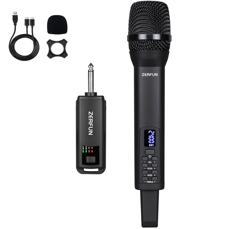 Rechargeable Wireless Microphone, Pro Handheld Cordless Mics System Dynamic with Echo Treble BASS VOL Control for Karaoke Singing Church Party, 1/4'' Output, D240, Black 1 Mic