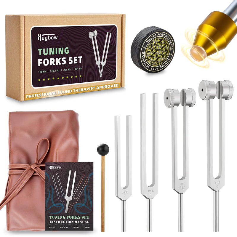 [AUSTRALIA] - Tuning Forks for Healing, Aluminum Alloy Tuning Fork 128Hz, 136.1Hz, 256Hz, 384Hz, Hockey Puck Activator & feet, Weighted & Unweighted Tuning Fork Set with Vegan Leather Pouch 4PCS Silver 