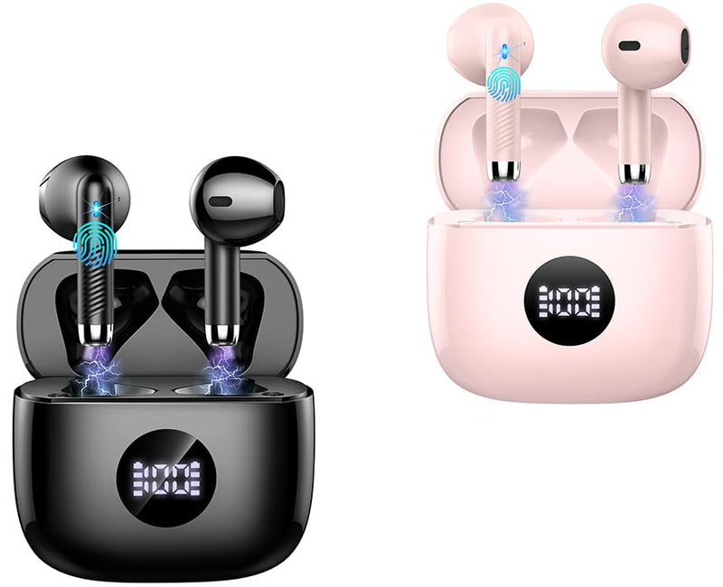 Jxrev J53 2 Pack Black and Pink Wireless Earbuds, Bluetooth Ear Buds LED Power Display Headphones Bass Stereo, Earbuds in-Ear Noise Cancelling Mic, 40H Playback Mini Case