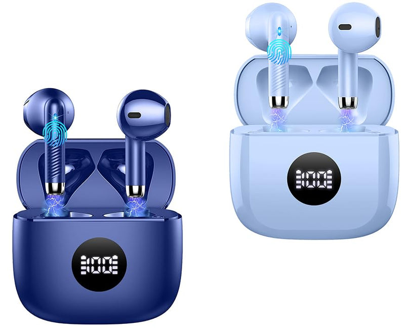 Jxrev J53 2 Pack Dark Blue and Purple Wireless Earbuds, Bluetooth Ear Buds LED Power Display Headphones Bass Stereo, Earbuds in-Ear Noise Cancelling Mic, 40H Playback Mini Case