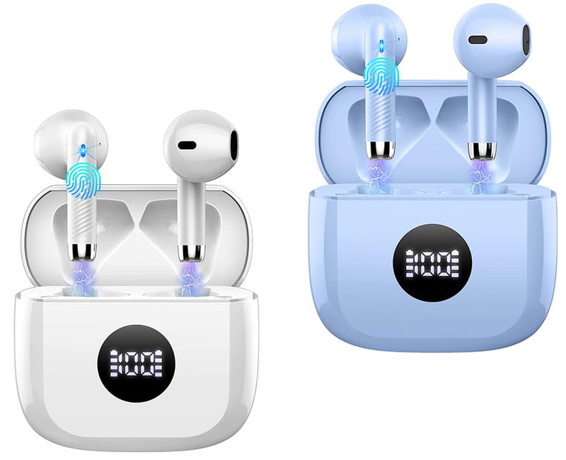 Jxrev 2 Pack White and Purple Wireless Earbuds, Wireless Earbuds, Bluetooth Ear Buds LED Power Display Headphones Bass Stereo, Bluetooth Earbuds in-Ear Noise Cancelling Mic, 40H Playback Mini Case