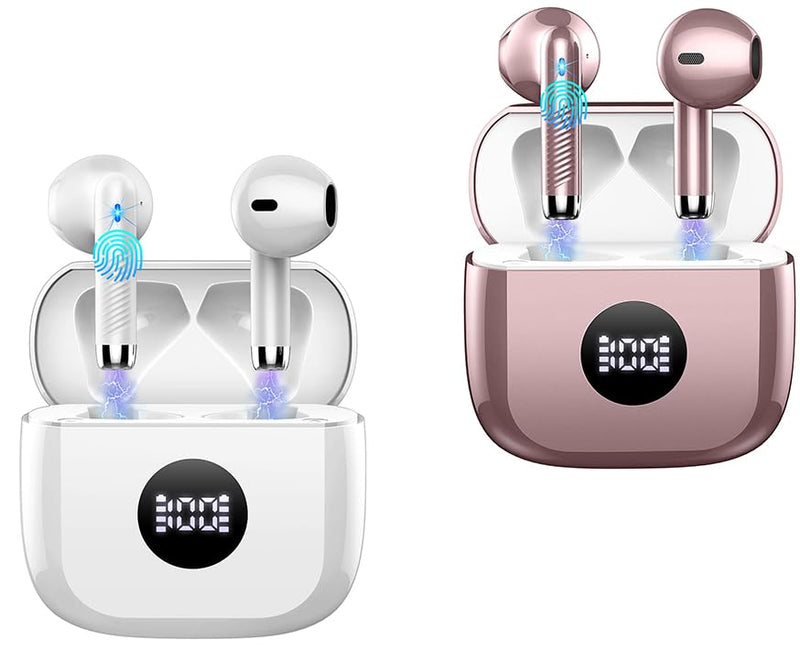 Jxrev 2 Pack White and Rose Wireless Earbuds, Wireless Earbuds, Bluetooth Ear Buds LED Power Display Headphones Bass Stereo, Bluetooth Earbuds in-Ear Noise Cancelling Mic, 40H Playback Mini Case