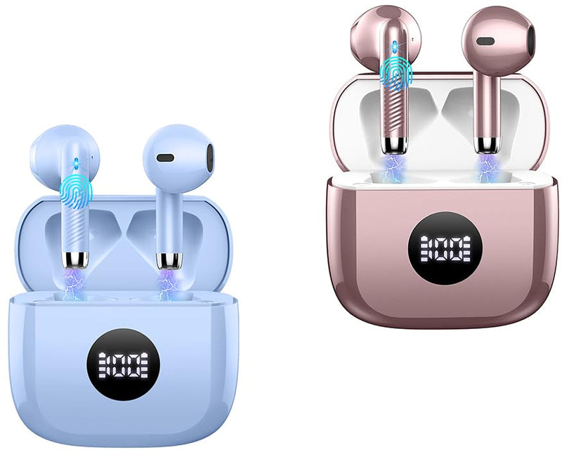 Jxrev 2 Pack Purple and Rose Wireless Earbuds, Bluetooth LED Power Display Headphones Bass Stereo, in-Ear Noise Cancelling Mic, 40H Playback Mini Case