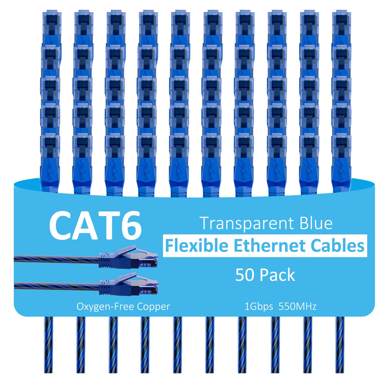 Cat6 Ethernet Cable 6 FT (50-Pack), Snagless Cat 6 Patch Cable, Upgraded Transparent Flexible PVC Jacket, OFC Oxygen-Free Copper, 1Gbps, Internet Network Cable, Cat6 Cables, UTP, Blue Cable -50 Pack 50-Pack Transparent Blue