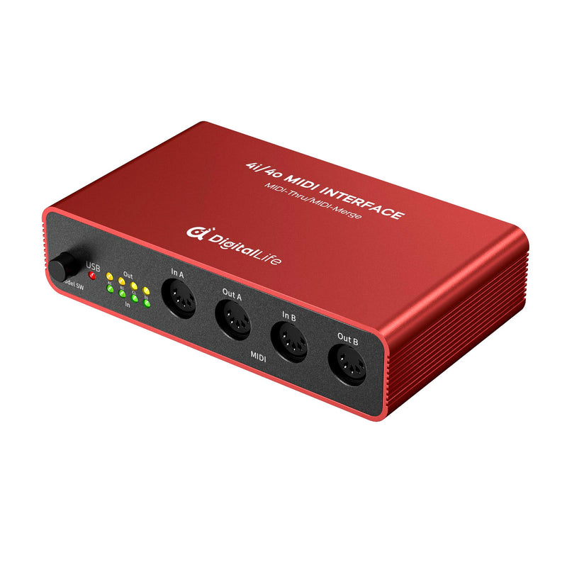 DigitalLife Stand-Alone Quad-I/O 5-PIN DIN MIDI Interface - MIDI Thru Box (4-In/4-Out) & MIDI Merge Box (2-In/4-Out), w/LED Indicators, Metal UMB05