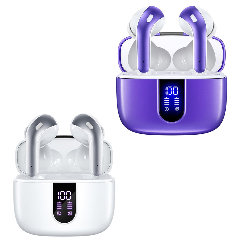 TAGRY 2 Sets X08 White and Phantom Purple Bluetooth Headphones True Wireless Earbuds 60H Playback Ear Buds with Wireless Charging Case in-Ear Earbuds with Mic