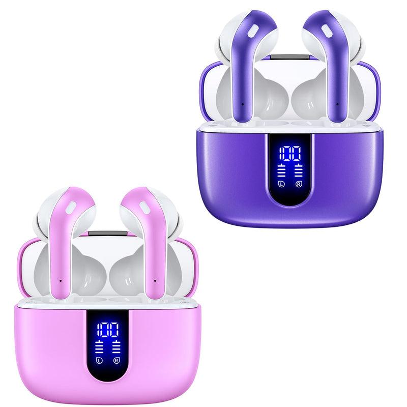 TAGRY 2 Sets X08 Sunset Pink and Phantom Purple Bluetooth Headphones True Wireless Earbuds 60H Playback Ear Buds with Wireless Charging Case in-Ear Earbuds with Mic