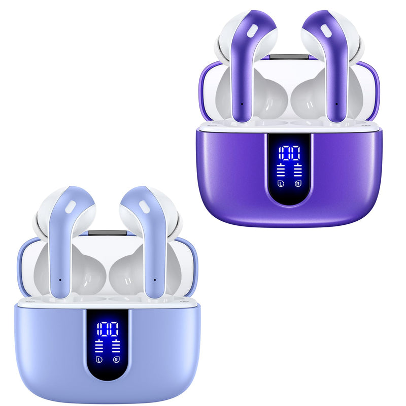 TAGRY 2 Sets X08 Purple and Phantom Purple Bluetooth Headphones True Wireless Earbuds 60H Playback Ear Buds with Wireless Charging Case in-Ear Earbuds with Mic