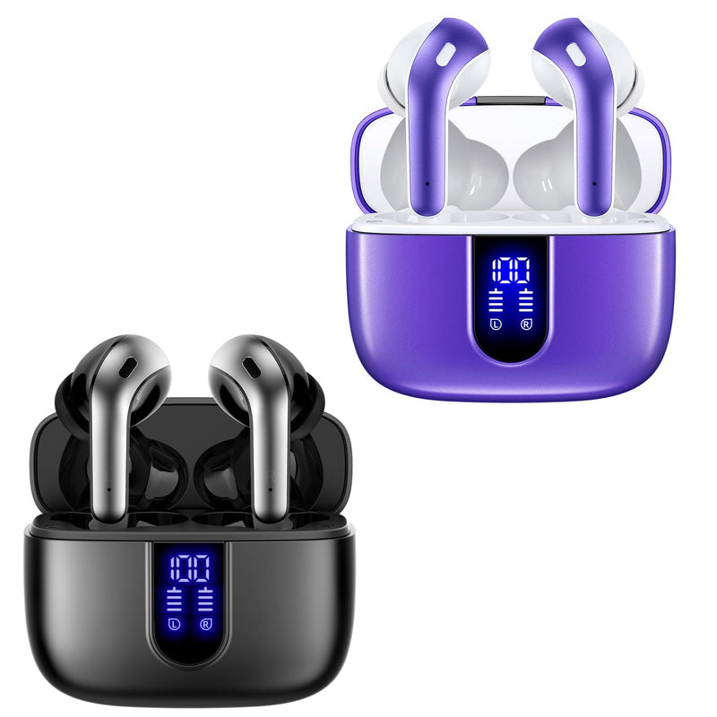 TAGRY 2 Sets X08 Black and Phantom Purple Bluetooth Headphones True Wireless Earbuds 60H Playback Ear Buds with Wireless Charging Case in-Ear Earbuds with Mic