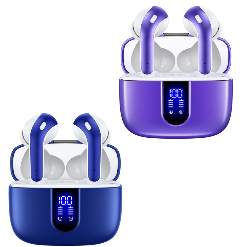 TAGRY 2 Sets X08 Ocean Blue and Phantom Purple Bluetooth Headphones True Wireless Earbuds 60H Playback Ear Buds with Wireless Charging Case in-Ear Earbuds with Mic
