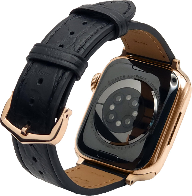 Premium Calfskin Leather Band Replacement Watch Strap with Crown Rose Gold Buckle Compatible with Watch Series 7 6 5 4 3 2 1 38mm to 45mm (Black, 49mm/45mm/44mm/42mm)