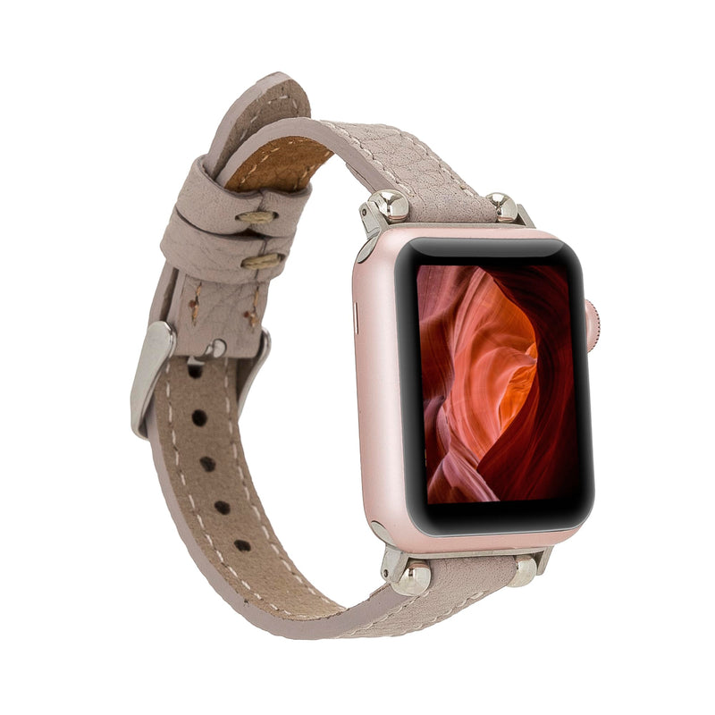 Handmade Slim Leather Watch Band for Apple Watch Series 9 8 7 6 5 4 3 2 1 SE Ultra 2 1 Compatible with 38 40 41 42 44 45 49mm Apple Watch Straps for Women & Men 7-9 Inches, Beige 42 44 45 49mm Beige w/Silver Connector&Clasp 49mm/45mm/44mm/42mm