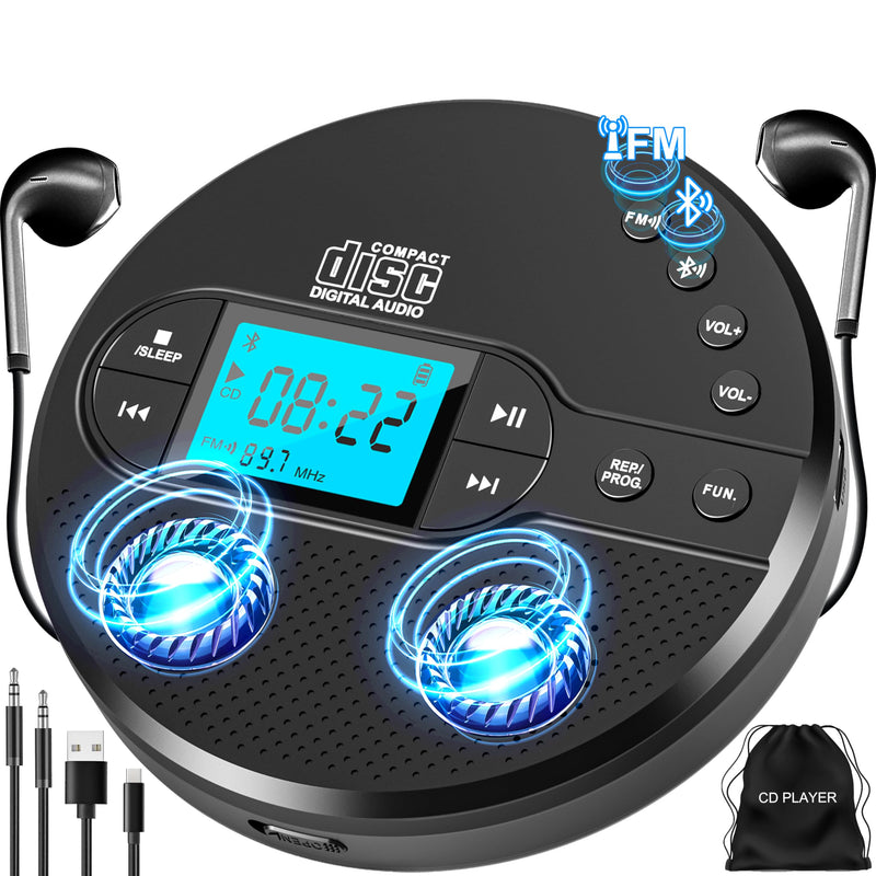 Portable CD Player with Bluetooth, Walkman CD Player with FM Transmitter and Speakers for Car, Rechargeable Discman CD Player with Anti-Skip Protection, Headphones, LCD Display (Black)