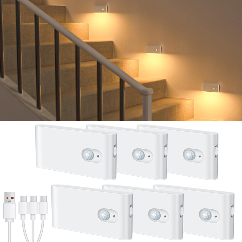 [AUSTRALIA] - WILLED Motion Sensor Night Light, Rechargeable Stair Lights Indoor, Warm White Motion Sensor Light Indoor, Battery Operated Night Light for Hallway, Stairway, Bathroom, Bedroom, Kitchen, 6 Pack 