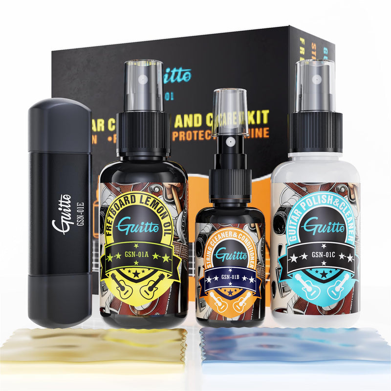 GUITTO Guitar Cleaning Kit All in One - Guitar Care Kit with Fretboard Lemon Oil, Guitar Polish, String Cleaner for Acoustic Guitar, Electric Guitar, Bass - Microfiber Cloths GSN-01
