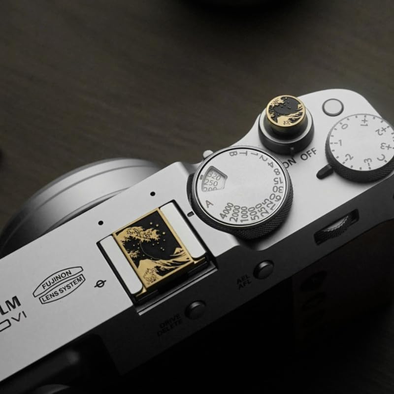 Wave Art Metal Hot Shoe Cover Shutter Button for Fuji X100VI Camera Copper Alloy-Set