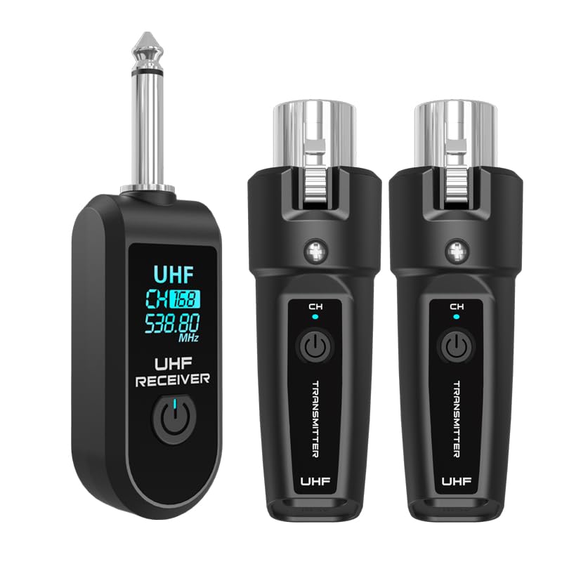 Upgrade 2.4GHZ Wireless XLR Transmitter and Receiver, Built-in Rechargeable Lithium Battery for Dynamic Microphone,Audio Mixer,Electric Guitar Bass (1 Receive + 2transmit) 1 receive + 2transmit