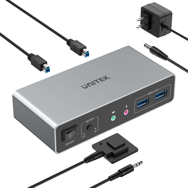 Unitek KVM Switch 2 Monitors 2 Computers HDMI Dual Monitor 4K@60Hz | 2 PC 3 USB Ports for Keyboard Mouse Hard Drives Mic Headphone Jack DC 5V Adapter Controller Extended and Mirror Mode Aluminum Grey