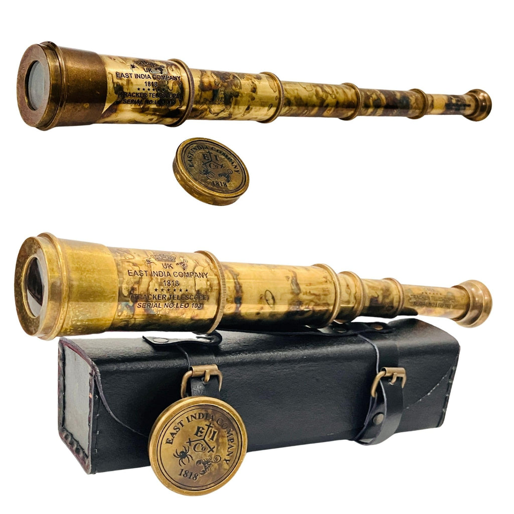 Rare Brass Telescope Spyglass - East India Company 1818 Tracker Vintage Pirate Spyglass Scope Antique Large Handstitched Leather Gift Box (BT-EIC17) BT-EIC17