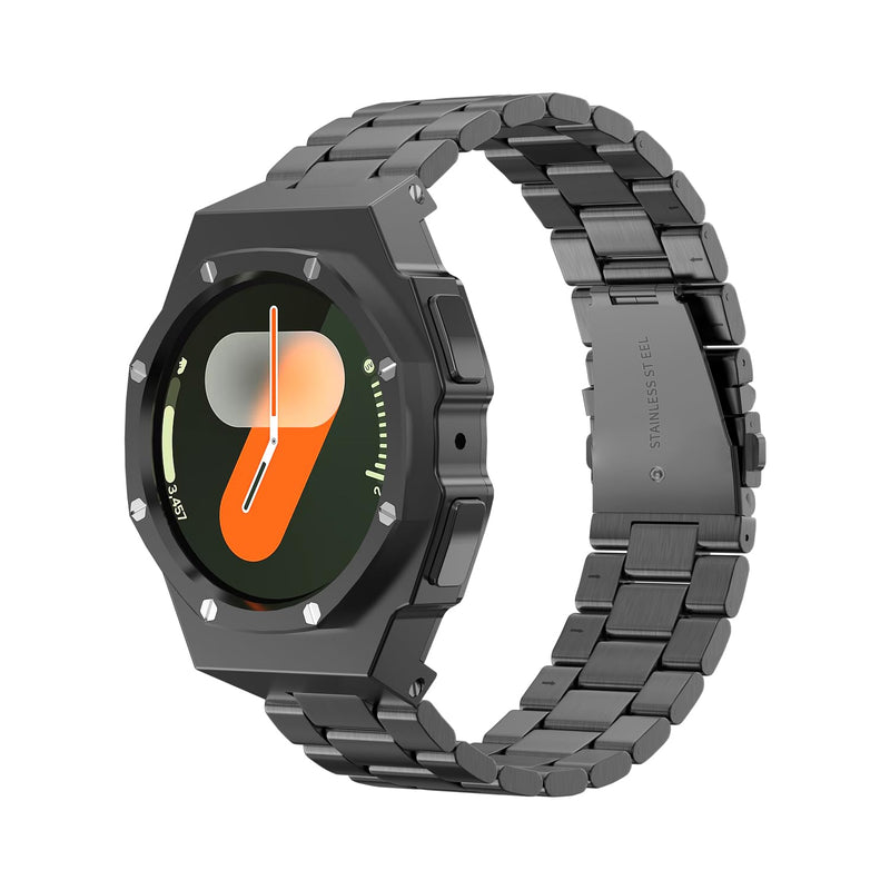 Luxury Case with Band Designed for Samsung Galaxy Watch 7 44mm 2024, Rugged Military Protective Metal Bumper Cover with Tactical Stainless Steel Strap for Men Black