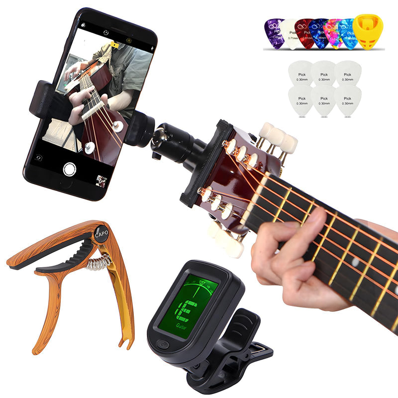 Guitar Accessories for Beginners - 1 Ukulele Bass Guitar Phone Holder for Live Broadcast Video Recording,1 Guitar Capo, 1 Tuner With Free Picks Holder+Capo+Tuner+Picks