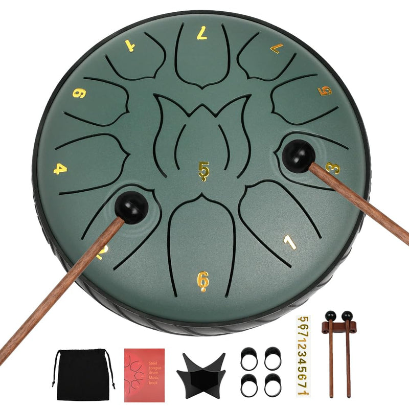 VIGIamy Rain Drum for Outside,Steel Tongue Drum 11 Notes 6 Inches,Chakra Chime Drum for Rain,Musical Percussion Instrument Tongue Drum,Meditation Yoga Zen Musical Education Stone Green