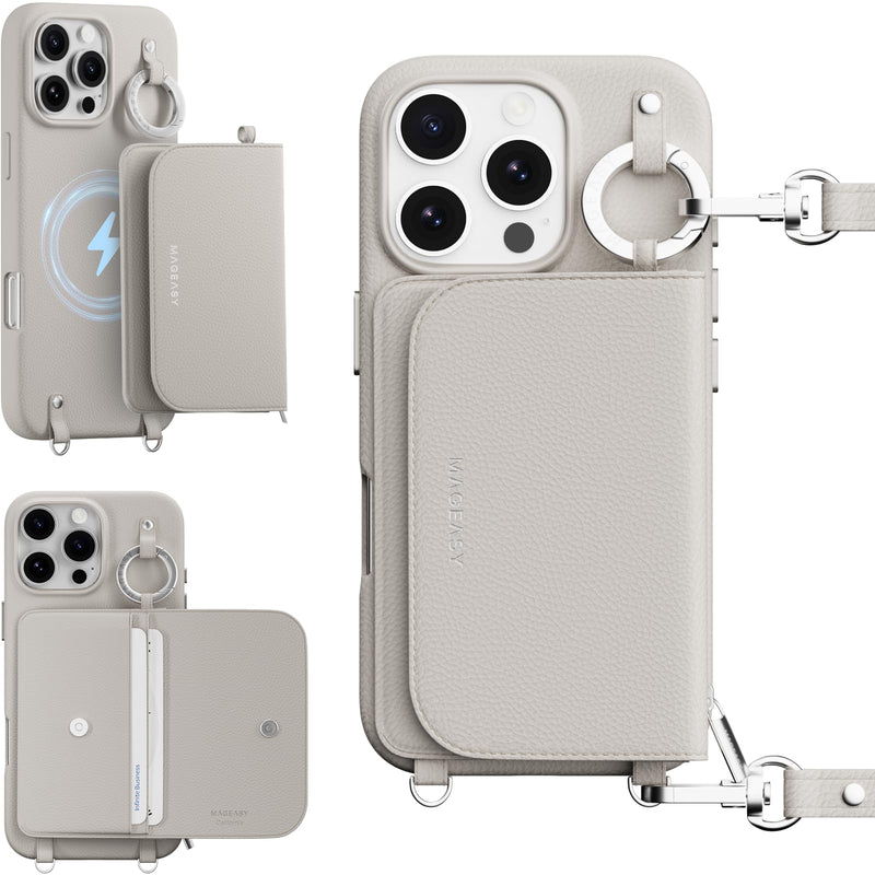 MAGEASY Pouch MagSafe Crossbody Wallet Phone Case for iPhone 16 Pro - Removable Wallet with Strap, 16ft Shockproof Protection, Card Holder & Coin Pocket Magnetic Purse Compatible with MagSafe (Gray)