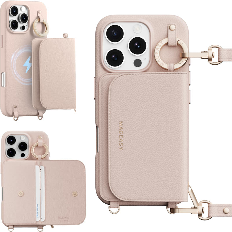 MAGEASY Pouch MagSafe Crossbody Wallet Phone Case for iPhone 16 Pro - Removable Wallet with Strap, 16ft Shockproof Protection, Card Holder & Coin Pocket Magnetic Purse Compatible with MagSafe (Rose)