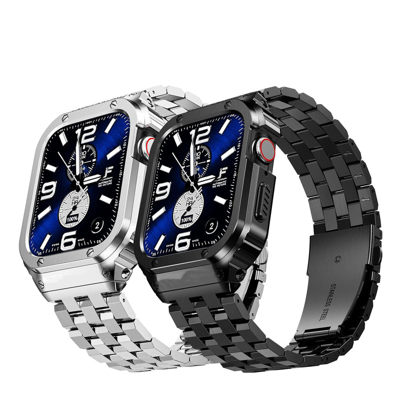 SUPLINK Stainless Steel Case and Band Compatible with Apple Watch Bands 45mm Men, Metal Rugged Protector Cover Strap for iWatch Apple Watch Series 9 8 7 Silver and Black