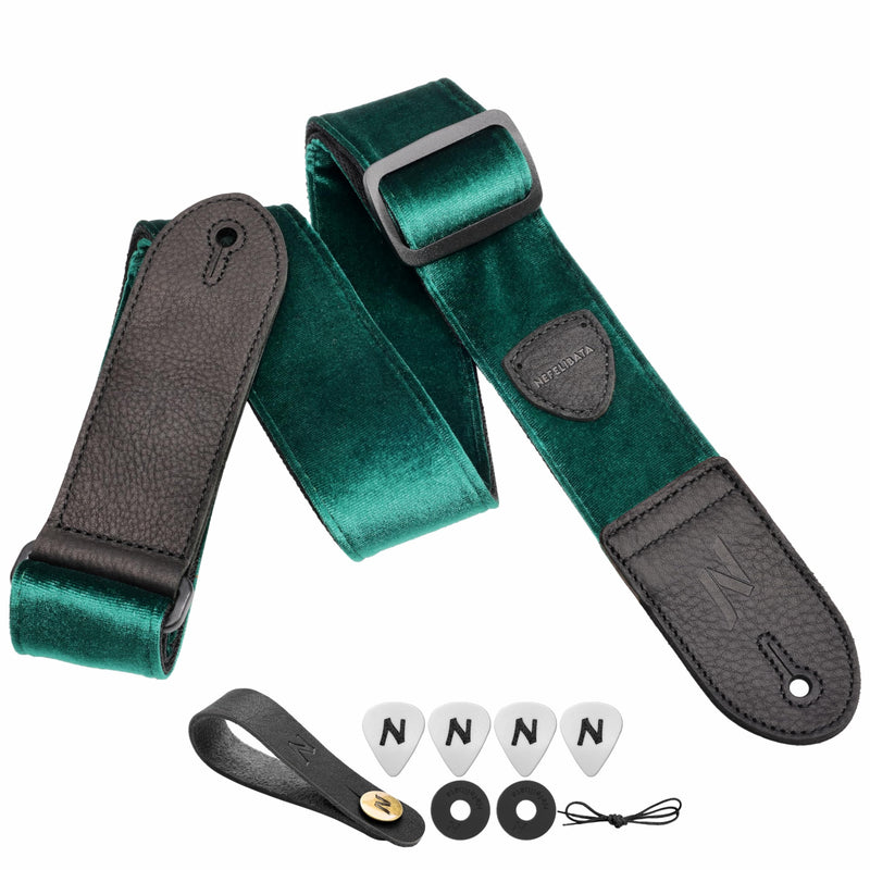 Nefelibata Guitar Strap,Double Full-Grain Leather Ends,Vintage Velvet Strap/FREE BONUS-4 Picks+Strap Locks+Strap Button,Gift For Bass,Electric&Acoustic Guitars(Vintage Christmas Green) C#-vintage Christmas Green