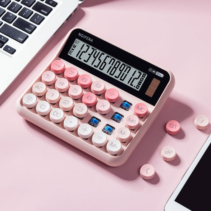 Desktop Calculator, 12 Digit HD Display with% Key | Real Mechanical Switch Keypad with Solar and Battery Dual Power, Great for Office, School, or Home Blush Pink