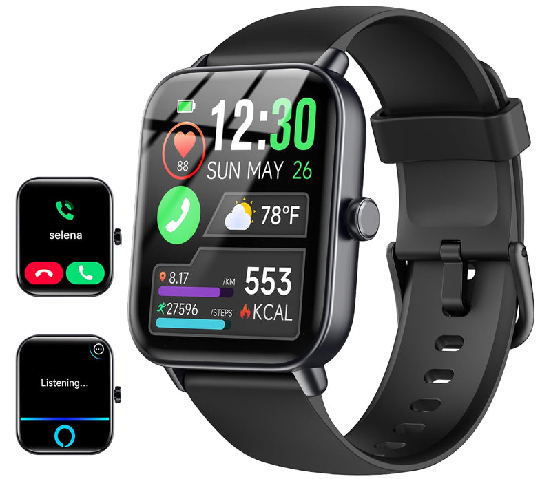 Quican Smart Watches for Women/Men, 2 Bands, Compatible for Android iPhone | 1.8" Fitness Tracker Watches, Alexa Built-in, Waterproof /Bluetooth Calling, Heart Rate/Sleep Monitor, Perfect Smart Gift Black 1.8 Inches