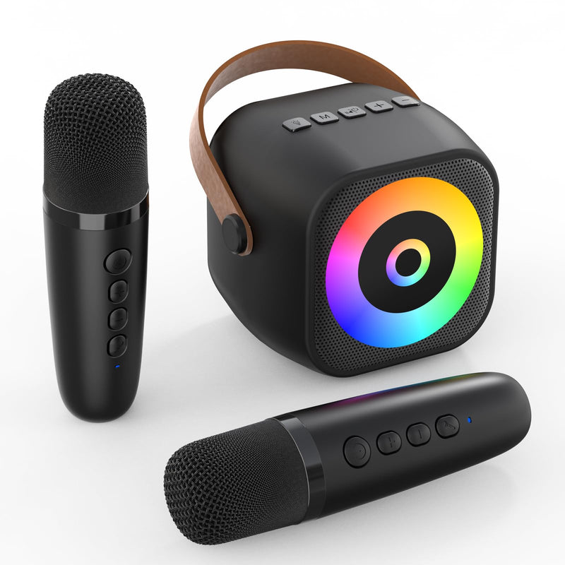 Mini Karaoke Machine, Portable Bluetooth Karaoke Speaker with 2 Wireless Mics for Kids and Adults, Birthday Gifts for Girls and Boys 3-12+ Years Old Birthday Party Home Black