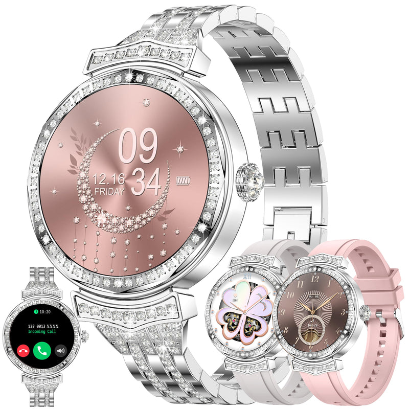 1.32" AMOLED Smart Watch for Women(Make/Answer Call), 2026 New 5ATM Waterproof Womens Smartwatches, Fitness Tracker Smartwatch for Android iPhones, Digital Watches Step Counter, 3 Straps (Silver) Silver