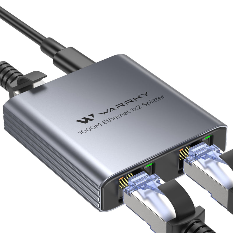 WARRKY Ethernet Splitter 1 to 2, 1000Mbps High Speed LAN Splitter, [0.55inch Ultra Slim, Integrally Molded Aluminum Case] Gigabit Ethernet Switch 2 port with USB-C Power Cable, for Cat5/5e/6/7/8 Cable RJ45 1-to-2