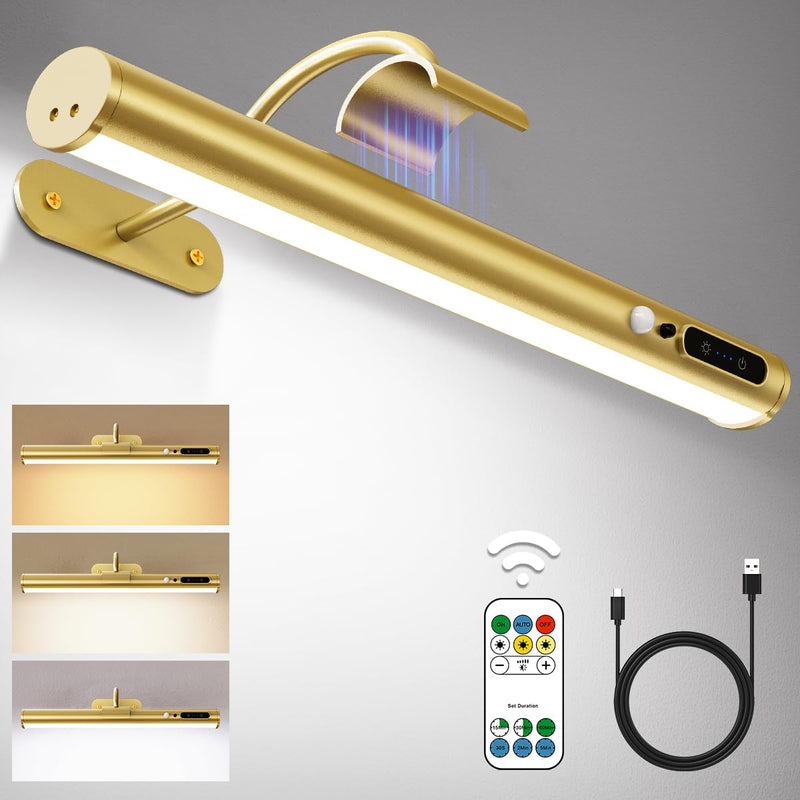 [AUSTRALIA] - Hapfish Motion Sensor Battery Operated Wall Sconce, Wireless Picture Lights for Wall, Rechargeable Magnetic Art Lighting with Remote Control, Battery Picture Light for Poster Dartboard Mirror – Gold Motion Sensor Gold 