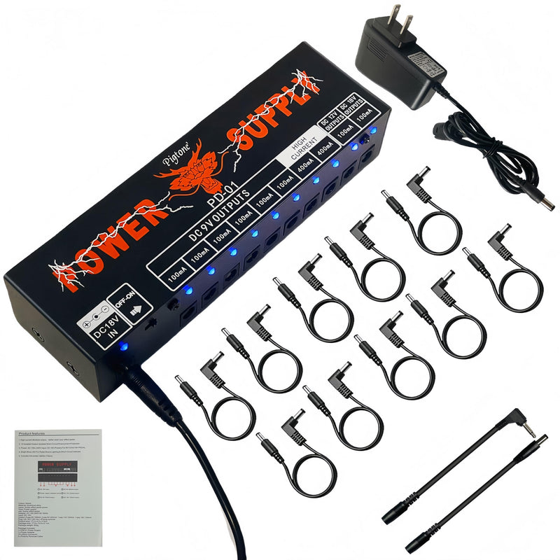 PD-01 Guitar Pedal Power Supply 10 Isolated DC Output for 9V/12V/18V Guitar Effect Pedal