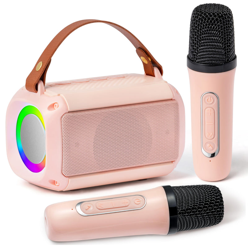[AUSTRALIA] - MALLMALL6 Mini Karaoke Machine with 2 Wireless Microphone for Kids Portable Bluetooth 5.3 Karaoke Mic LED Color Lights Speaker Christmas Birthday Family Home Party Toys Gift for Boys Girls Pink 