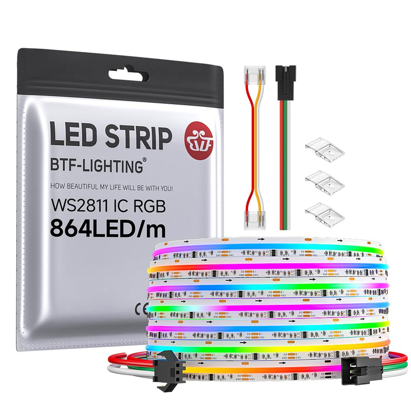 [AUSTRALIA] - BTF-LIGHTING FCOB WS2811 IC RGB COB LED Strip 864LED/m Flexible High Density Color Chasing Uniform Light DC12V 16.4FT 24IC/m 12mm Width for DIY Lighting Projects(No Adapter or Controller) DC12V IP30 16.4FT 864LED/m 