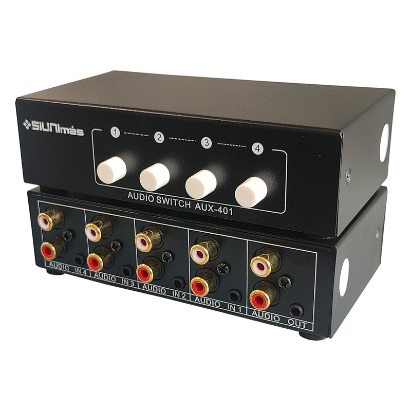4-in 1-Out RCA and 3.5mm Aux Audio Receiver Switching Box 4 Channels Audio Converter Passive Audio Selector Switch Box 1-in 4-Out (S401-RCA AUX) S401-RCA AUX