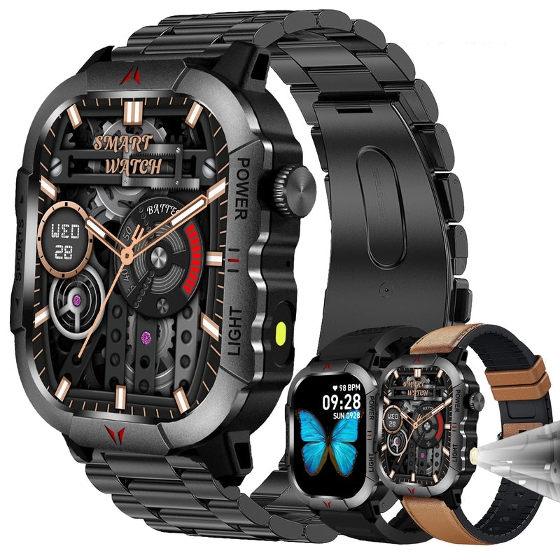 2.01" AMOLED Smart Watch for Men (Make/Answer Call), LED Lighting, 5ATM Waterproof Mens Smartwatch, Fitness Tracker Smartwatch for Android iPhones, Digital Watches Step Counter, 3 Straps (Brown) Brown