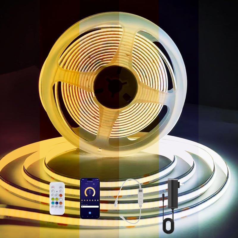 CCT COB LED Strip Light 16.4ft, Tunable White Warm White to Cool White LED Strip, 608LEDs/M DC24V Tape Light, CRI90+, Bluetooth App Control, Dimmable Strips for Bedroom, Office, DIY Lighting. 2700K-6500K