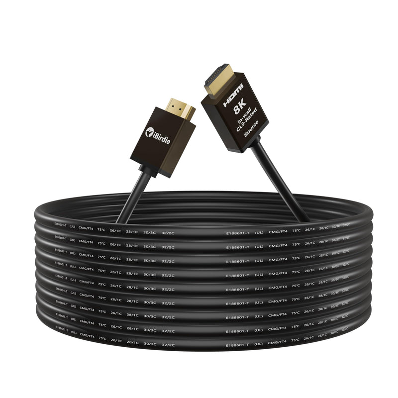 iBirdie 8K Fiber Optic HDMI Cable 50 Feet 16 Meter, in-Wall CL3 Rated | Active, Unidirectional, Work on 8K 60hz, 4K 120hz, 48 Gbps, HDCP 2.3 2.1, Compatible for Apple-TV PS5 Xbox 4080 5070
