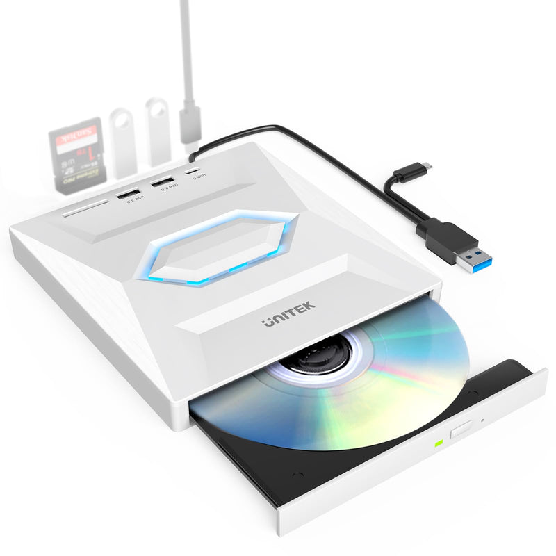 Unitek External CD DVD Drive, USB C 3.0 Portable Optical Disc Player Burner | CD DVD +/-RW Optical Disc Drive, 3 USB Hub and 1 SD Card Slot, Slim CD ROM Reader Writer for Laptop Desktop PC Mac Windows 5-IN-1 WHITE